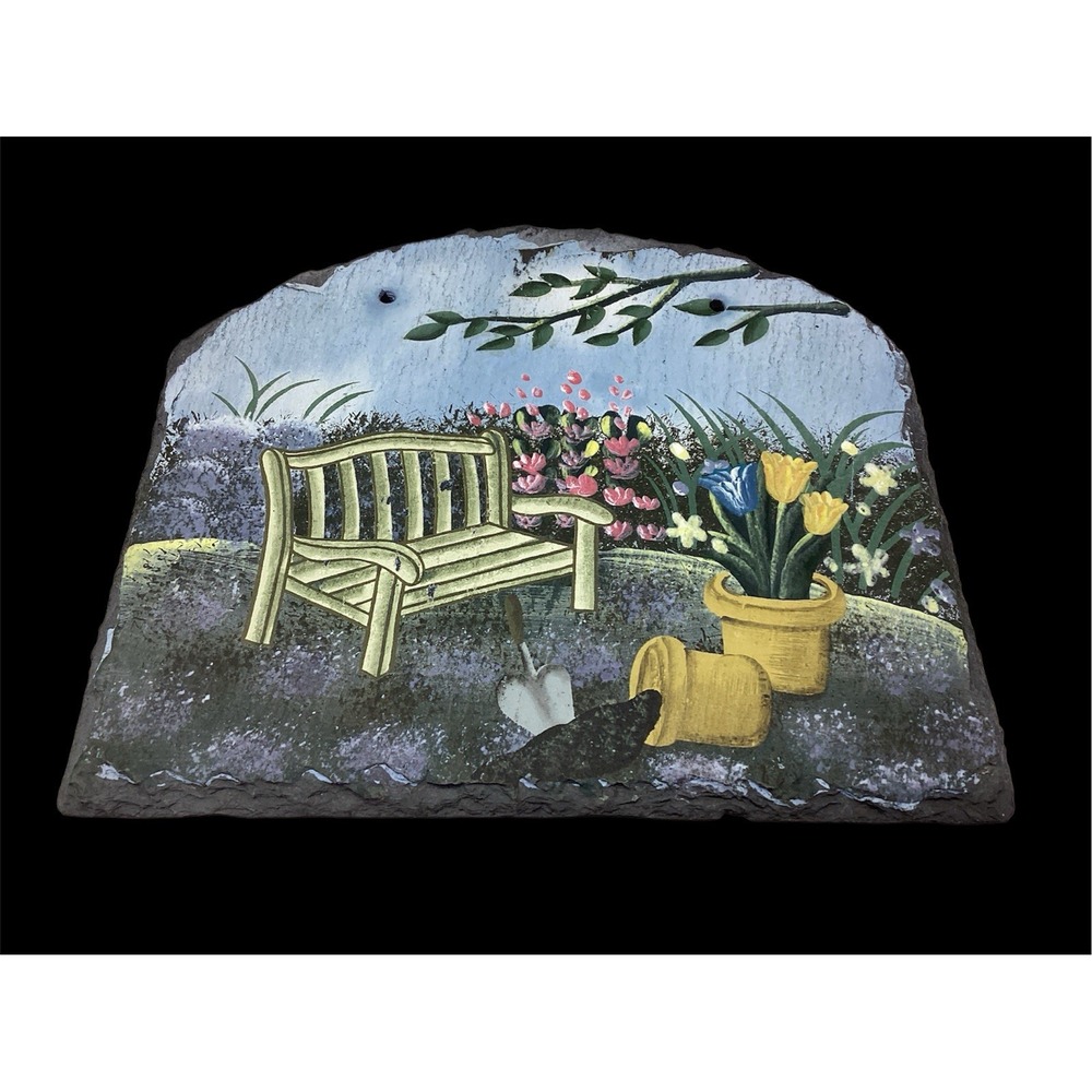 Slate Wall Art Hanging Hand Painted Garden Bench With Pots